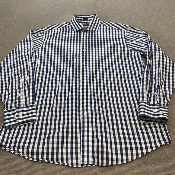 Tommy Hilfiger Dress Shirt Mens Large Blue White Gingham Long Sleeve Regular Fit - Picture 1 of 9